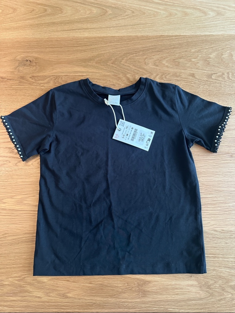 Zara Black Short Sleeve Tee with Pearl-Trim Sleeves size 9-10